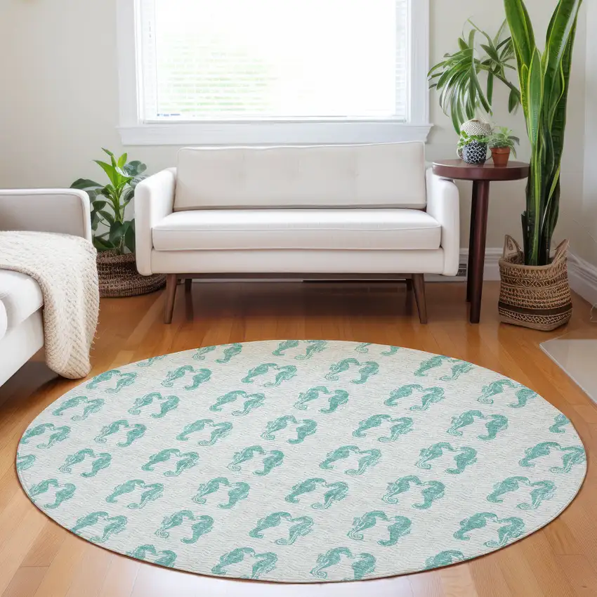 8' Aqua And Ivory Geometric Washable Round Rug With UV Protection Photo 5