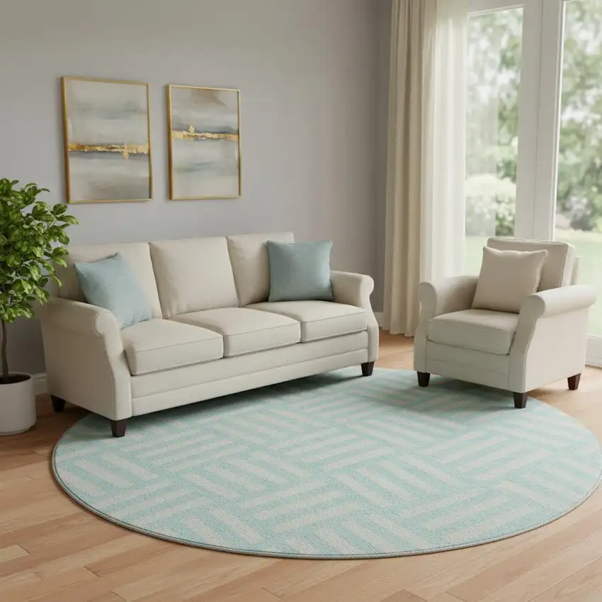 8' Aqua And Ivory Geometric Washable Round Rug With UV Protection Photo 1