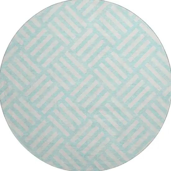8' Aqua And Ivory Geometric Washable Round Rug With UV Protection Photo 4