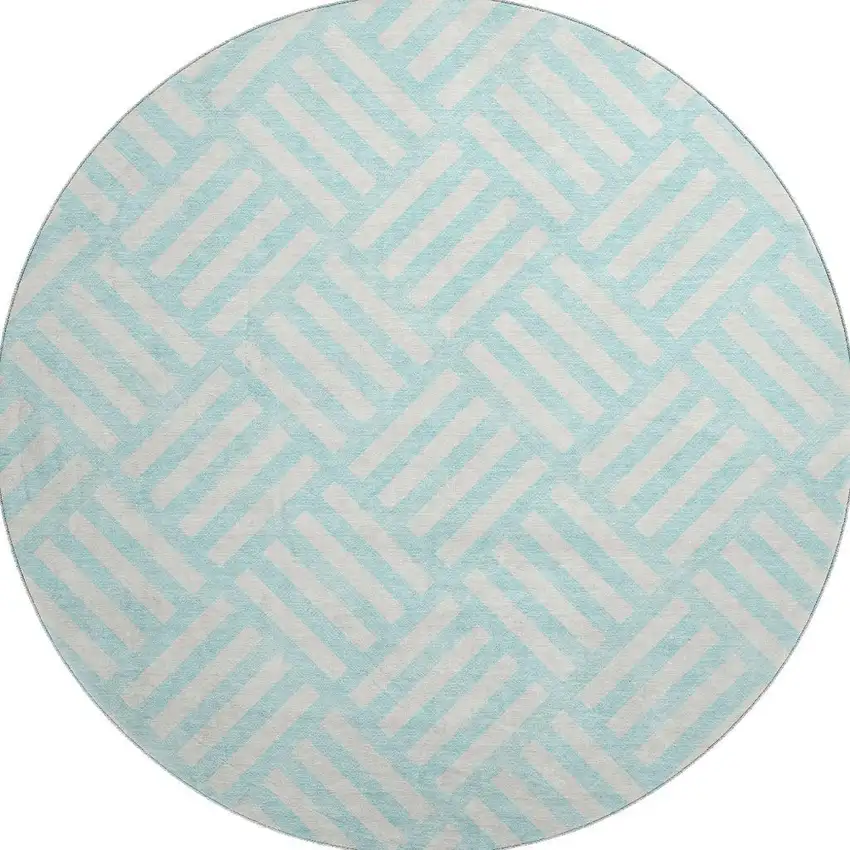 8' Aqua And Ivory Geometric Washable Round Rug With UV Protection Photo 4
