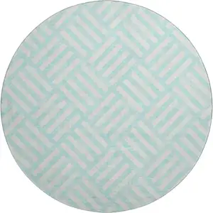 Photo of 8' Aqua And Ivory Geometric Washable Round Rug With UV Protection