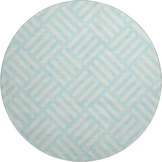 8' Aqua And Ivory Geometric Washable Round Rug With UV Protection Photo 1