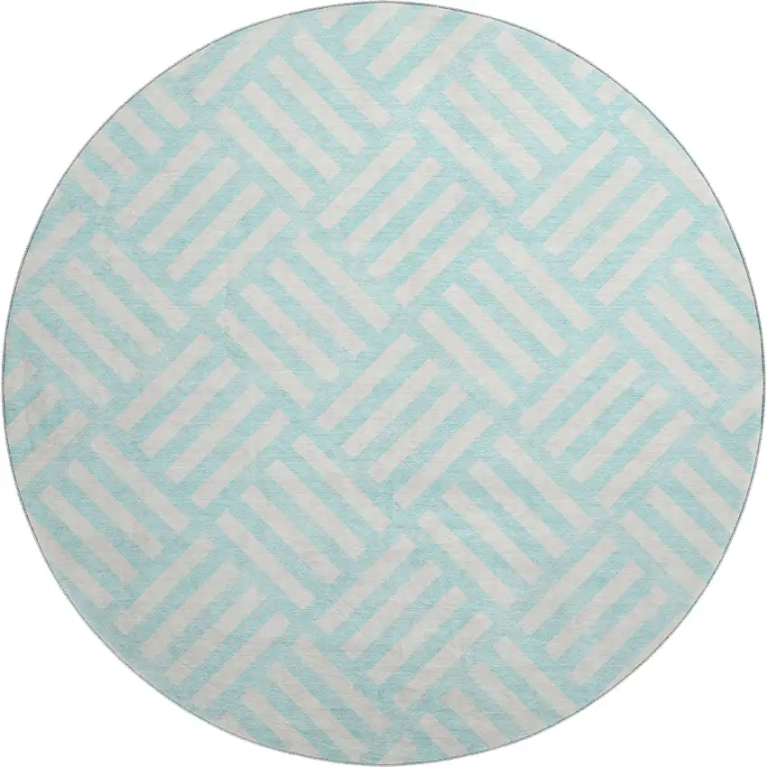 8' Aqua And Ivory Geometric Washable Round Rug With UV Protection Photo 1