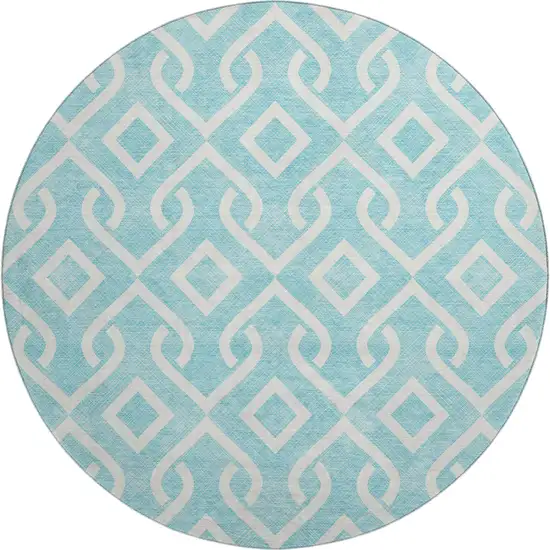 8' Aqua And Ivory Geometric Washable Round Rug With UV Protection Photo 1