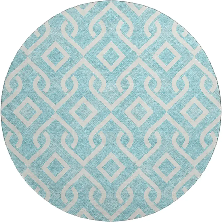 8' Aqua And Ivory Geometric Washable Round Rug With UV Protection Photo 1