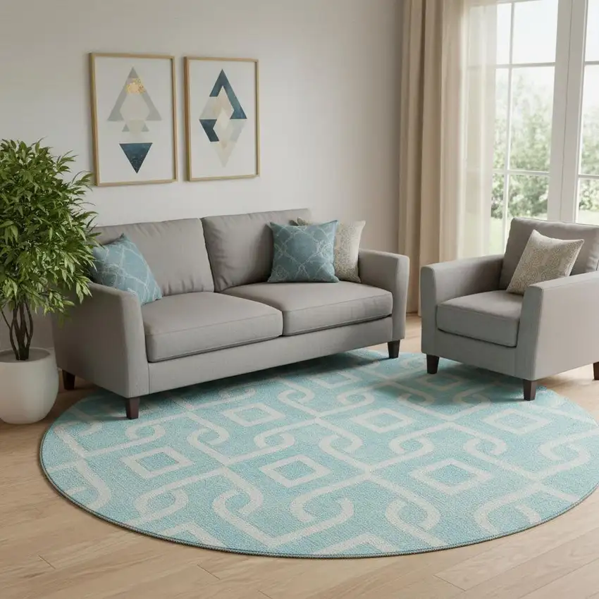 8' Aqua And Ivory Geometric Washable Round Rug With UV Protection Photo 1