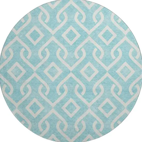 8' Aqua And Ivory Geometric Washable Round Rug With UV Protection Photo 3