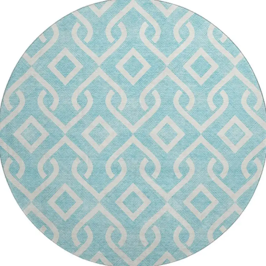 8' Aqua And Ivory Geometric Washable Round Rug With UV Protection Photo 3