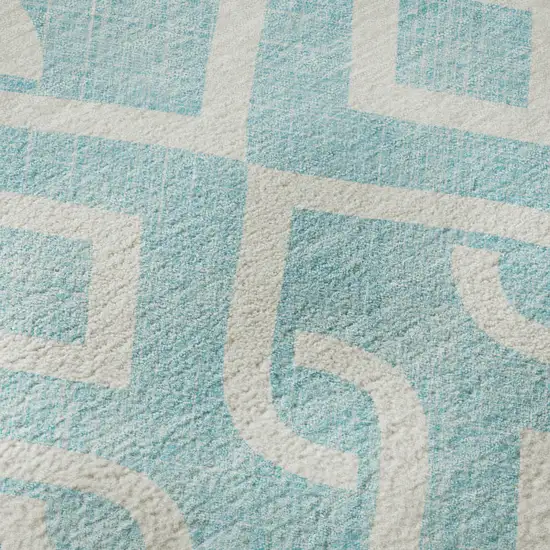 8' Aqua And Ivory Geometric Washable Round Rug With UV Protection Photo 9
