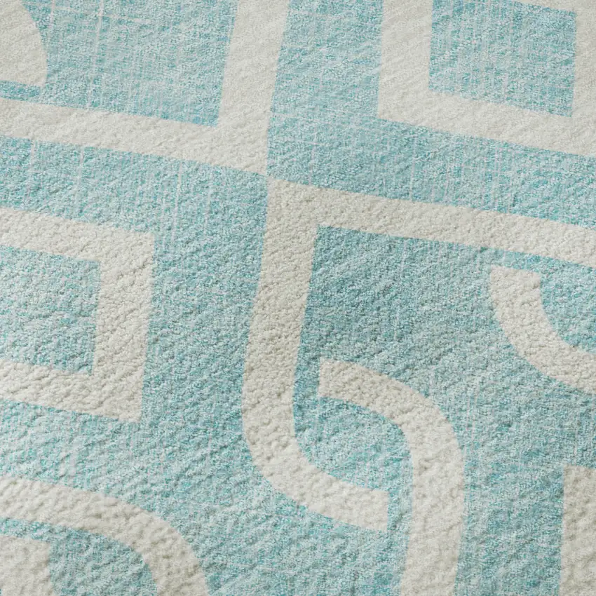 8' Aqua And Ivory Geometric Washable Round Rug With UV Protection Photo 9