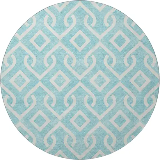 8' Aqua And Ivory Geometric Washable Round Rug With UV Protection Photo 4