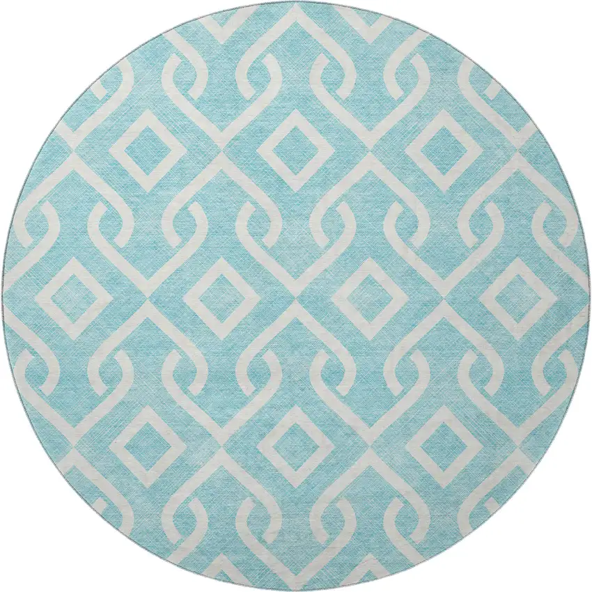 8' Aqua And Ivory Geometric Washable Round Rug With UV Protection Photo 4