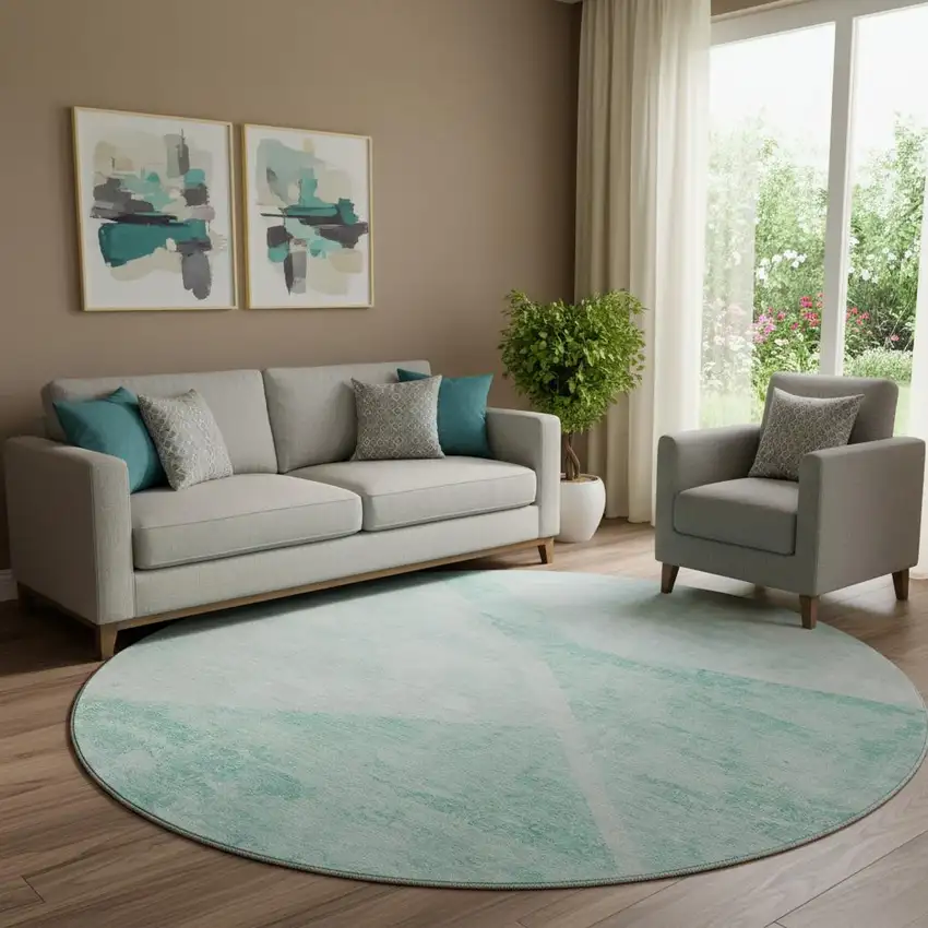 8' Aqua And Ivory Geometric Washable Round Rug With UV Protection Photo 1