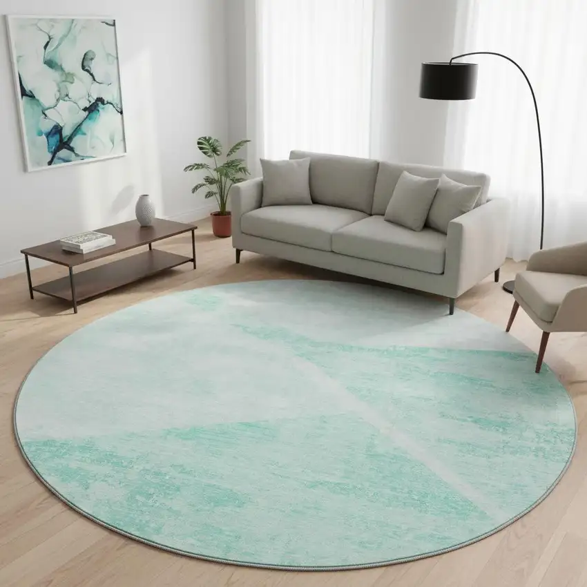 8' Aqua And Ivory Geometric Washable Round Rug With UV Protection Photo 2
