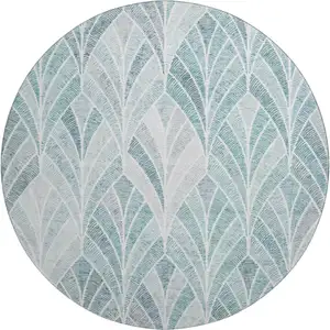 Photo of 8' Aqua And Ivory Geometric Washable Round Rug With UV Protection