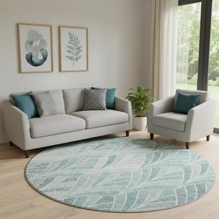 8' Aqua And Ivory Geometric Washable Round Rug With UV Protection Photo 1