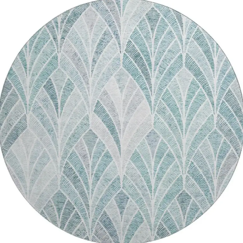 8' Aqua And Ivory Geometric Washable Round Rug With UV Protection Photo 4