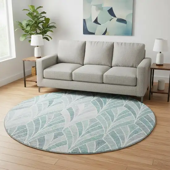 8' Aqua And Ivory Geometric Washable Round Rug With UV Protection Photo 2