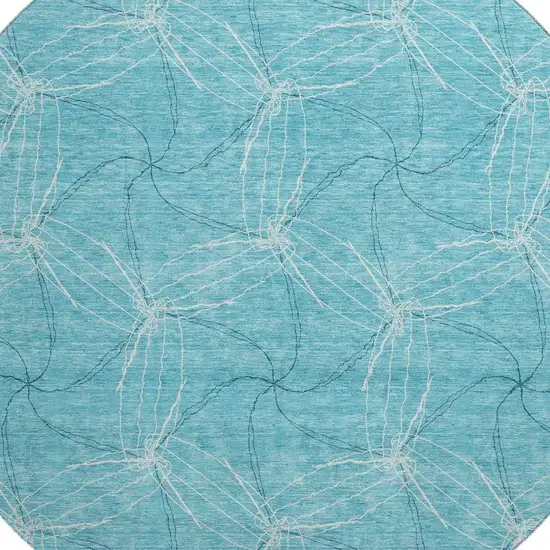 8' Aqua And Ivory Geometric Washable Round Rug With UV Protection Photo 2