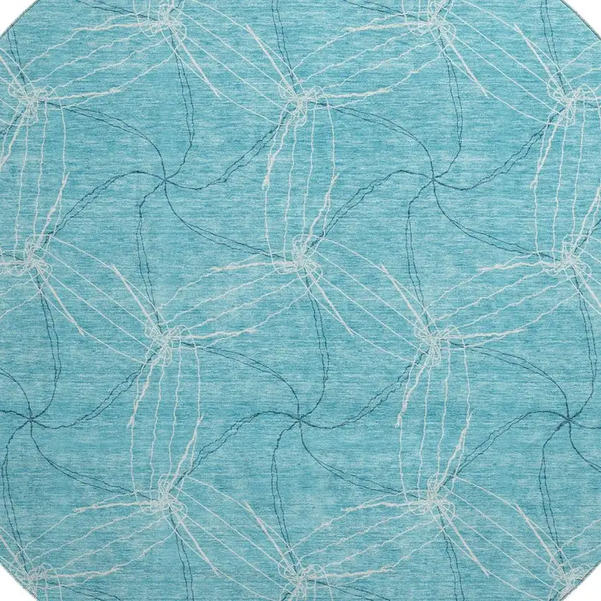8' Aqua And Ivory Geometric Washable Round Rug With UV Protection Photo 2
