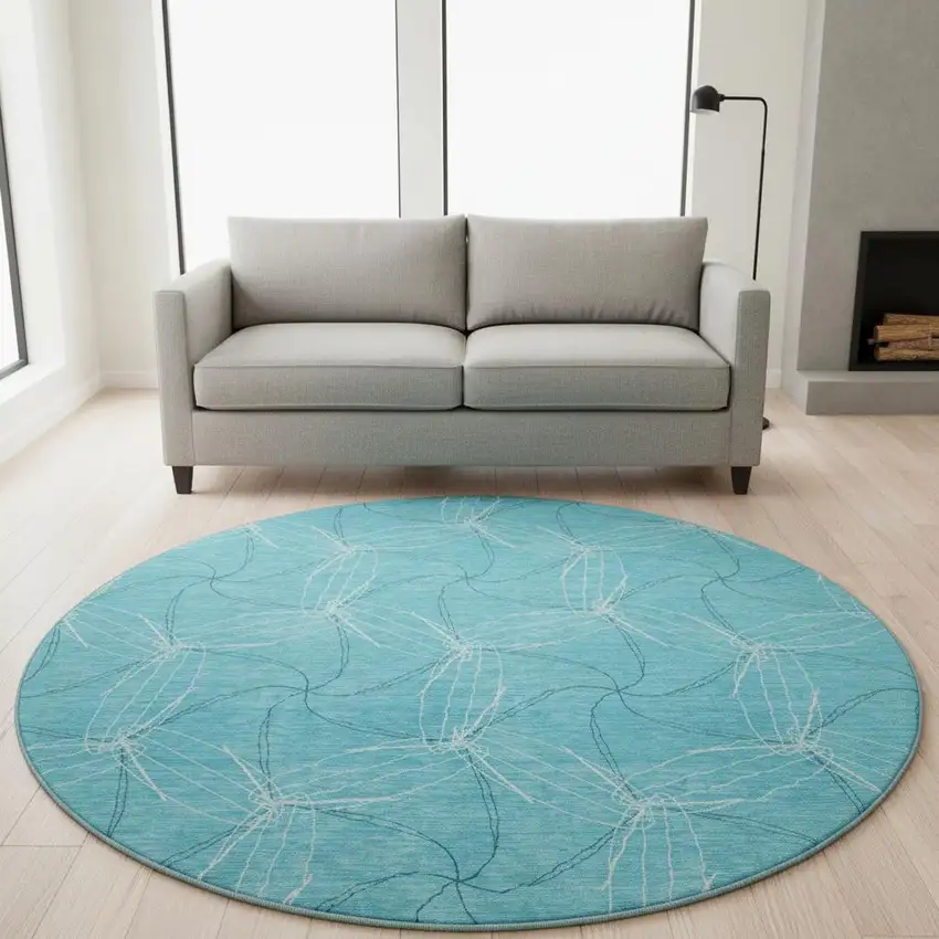 8' Aqua And Ivory Geometric Washable Round Rug With UV Protection Photo 2