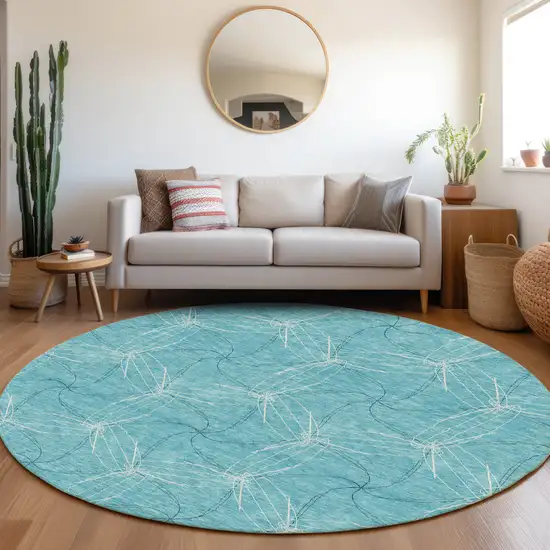 8' Aqua And Ivory Geometric Washable Round Rug With UV Protection Photo 4
