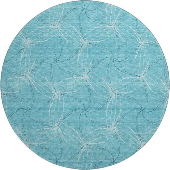 8' Aqua And Ivory Geometric Washable Round Rug With UV Protection Photo 1