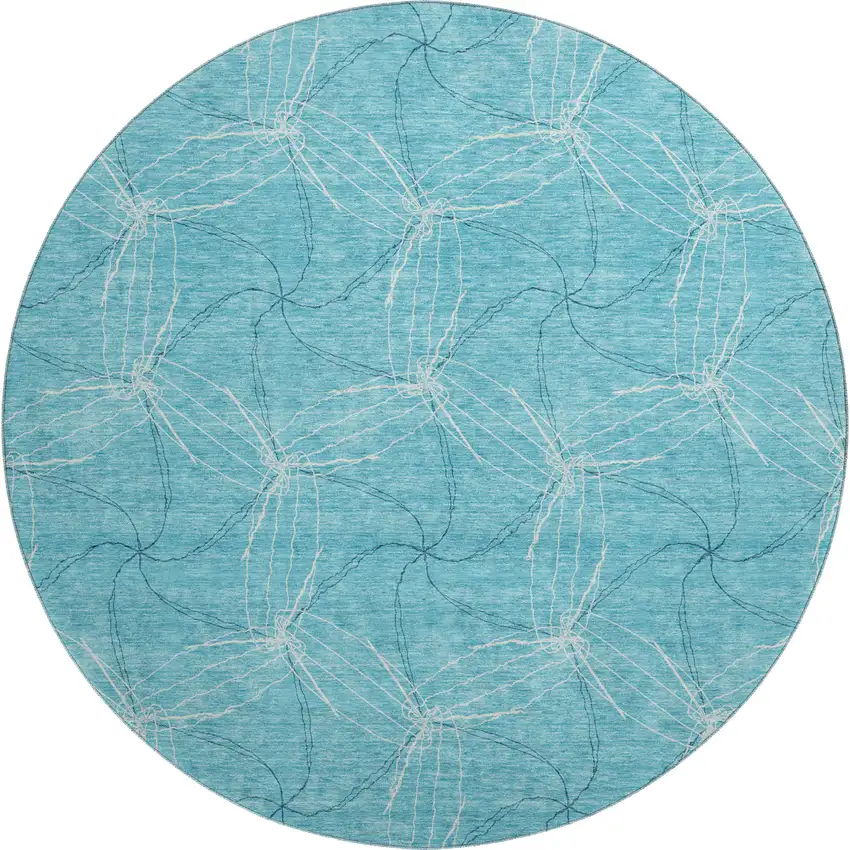 8' Aqua And Ivory Geometric Washable Round Rug With UV Protection Photo 1