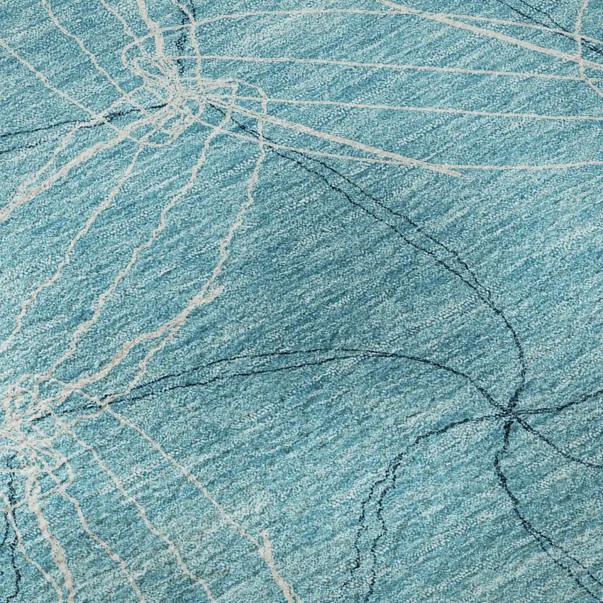 8' Aqua And Ivory Geometric Washable Round Rug With UV Protection Photo 8