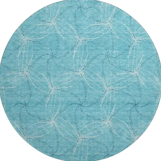 8' Aqua And Ivory Geometric Washable Round Rug With UV Protection Photo 3