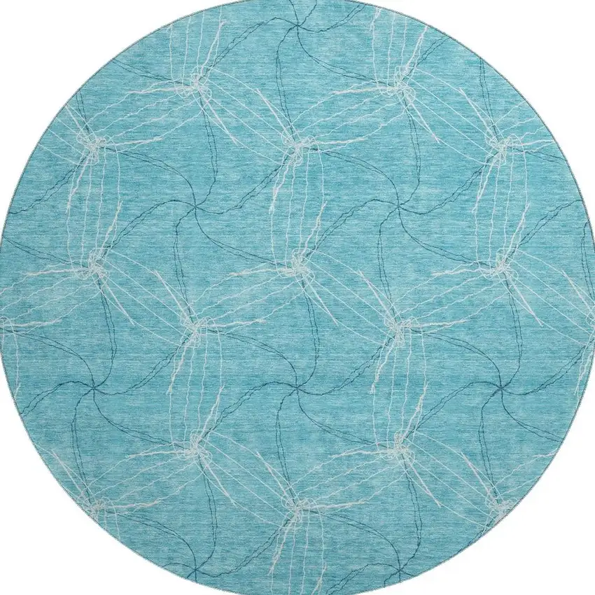8' Aqua And Ivory Geometric Washable Round Rug With UV Protection Photo 3