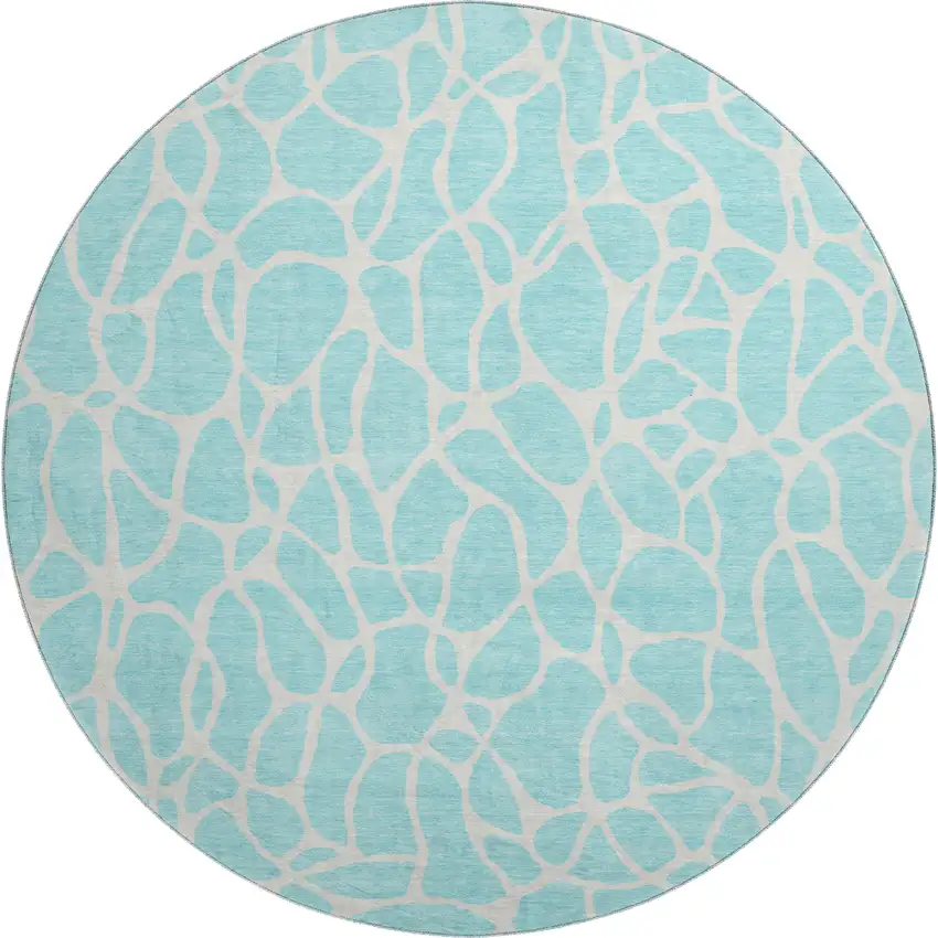 8' Aqua And Ivory Geometric Washable Round Rug With UV Protection Photo 1