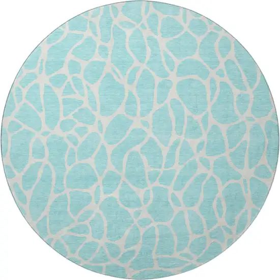 8' Aqua And Ivory Geometric Washable Round Rug With UV Protection Photo 2