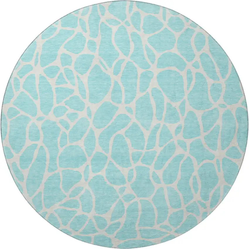8' Aqua And Ivory Geometric Washable Round Rug With UV Protection Photo 2