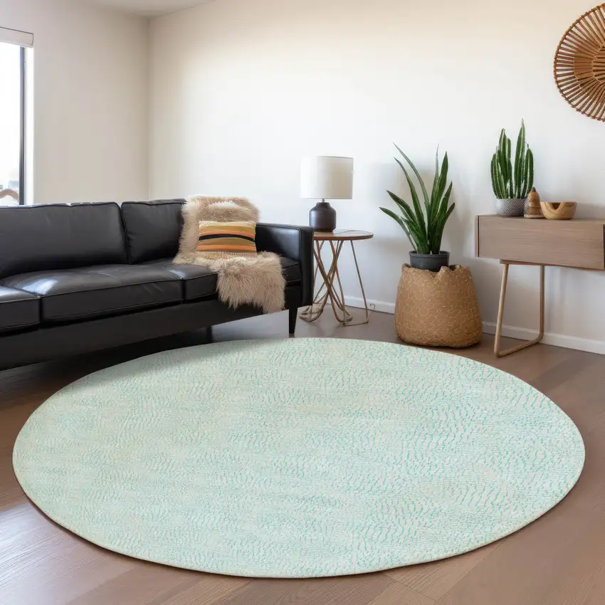 8' Aqua And Ivory Geometric Washable Round Rug With UV Protection Photo 4