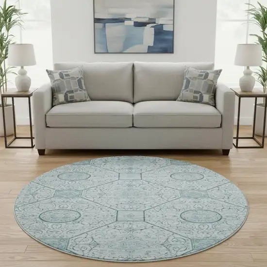 8' Aqua And Ivory Geometric Washable Round Rug With UV Protection Photo 2