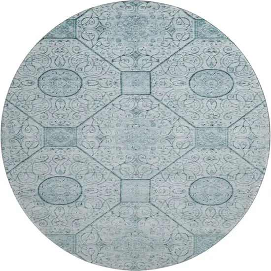 8' Aqua And Ivory Geometric Washable Round Rug With UV Protection Photo 1