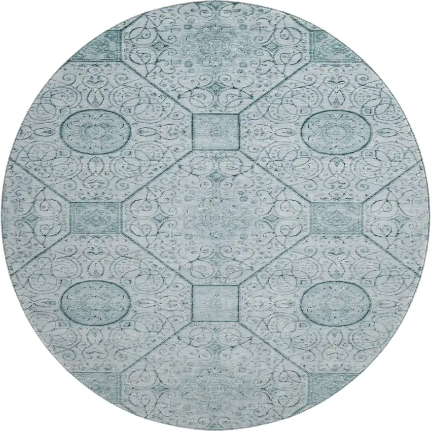 8' Aqua And Ivory Geometric Washable Round Rug With UV Protection Photo 1