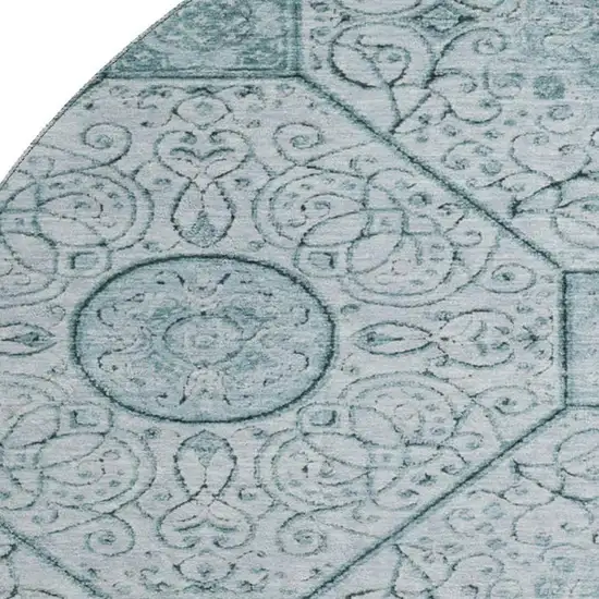 8' Aqua And Ivory Geometric Washable Round Rug With UV Protection Photo 2