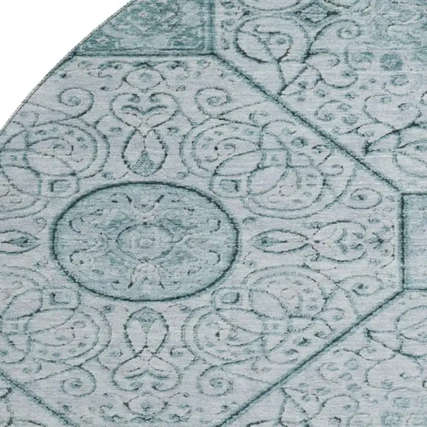 8' Aqua And Ivory Geometric Washable Round Rug With UV Protection Photo 2