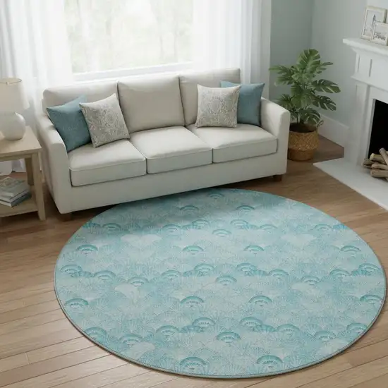 8' Aqua And Ivory Geometric Washable Round Rug With UV Protection Photo 1