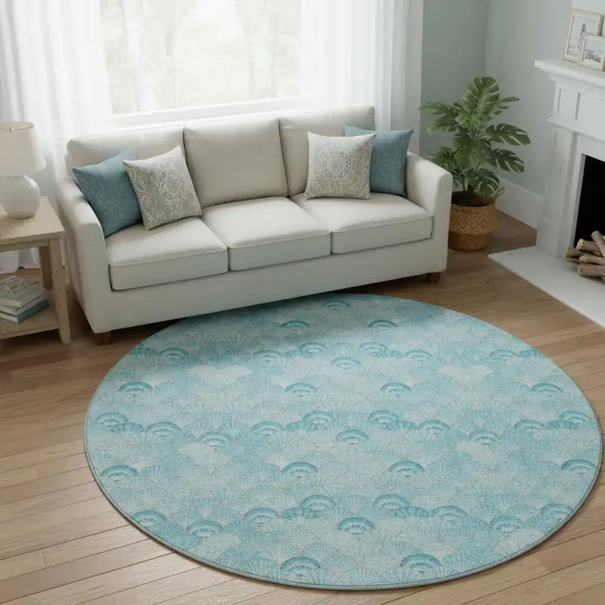 8' Aqua And Ivory Geometric Washable Round Rug With UV Protection Photo 1