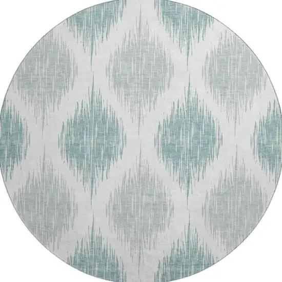 8' Aqua And Ivory Ikat Washable Round Rug With UV Protection Photo 4