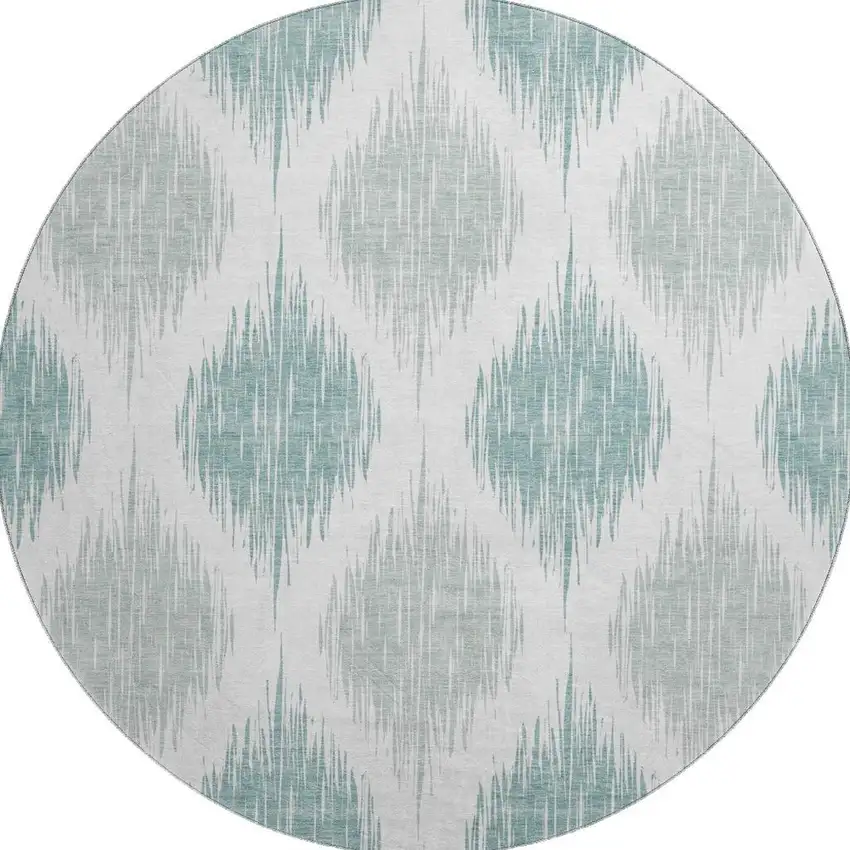 8' Aqua And Ivory Ikat Washable Round Rug With UV Protection Photo 4