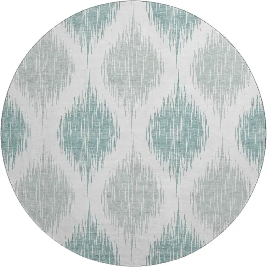 8' Aqua And Ivory Ikat Washable Round Rug With UV Protection Photo 1