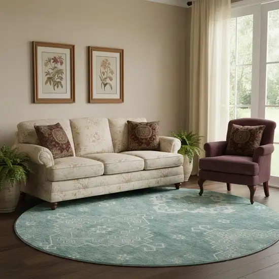 8' Aqua And Ivory Medallion Washable Round Rug With UV Protection Photo 1