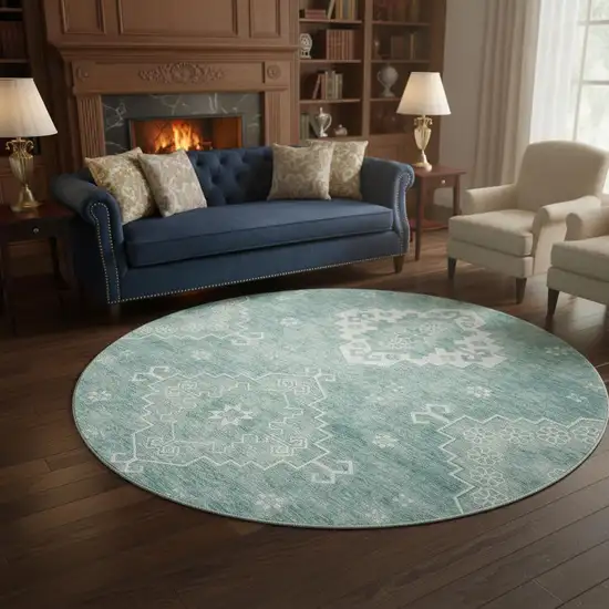 8' Aqua And Ivory Medallion Washable Round Rug With UV Protection Photo 2
