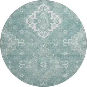 Photo of 8' Aqua And Ivory Medallion Washable Round Rug With UV Protection