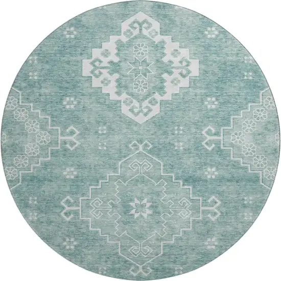 8' Aqua And Ivory Medallion Washable Round Rug With UV Protection Photo 1