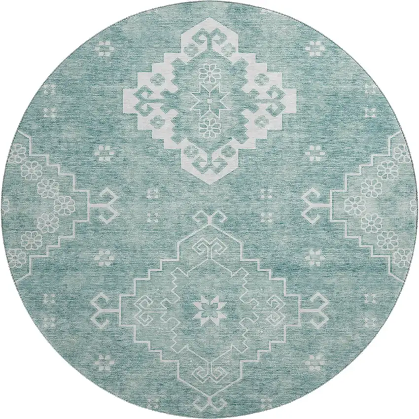 8' Aqua And Ivory Medallion Washable Round Rug With UV Protection Photo 1
